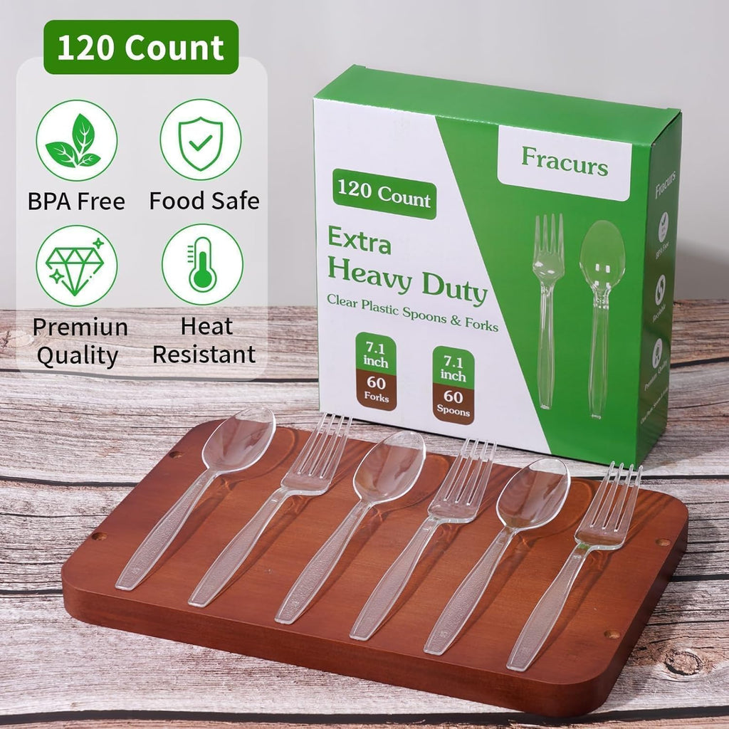 Skiennix 120 Count Plastic Forks & Spoons - Heavy Duty, Heat Resistant, BPA Free, Clear Utensils for Parties & Everyday Use