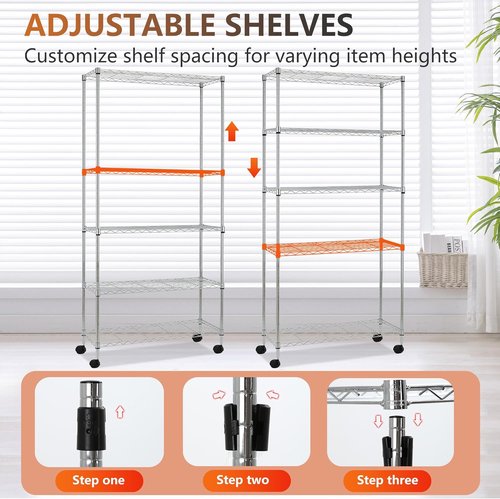 FDW 5-Tier Wire Storage Shelves - Heavy-Duty Metal Racks with Wheels | Adjustable Chrome Design | 30"x14"x61" | Tool-Free Assembly, Rust-Resistant | Ideal for Home & Garage Use