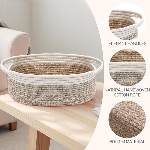 JMvicyroam Woven Storage Basket - Small Rope Organizer with Handles for Shelves & Closets | White & Oatmeal