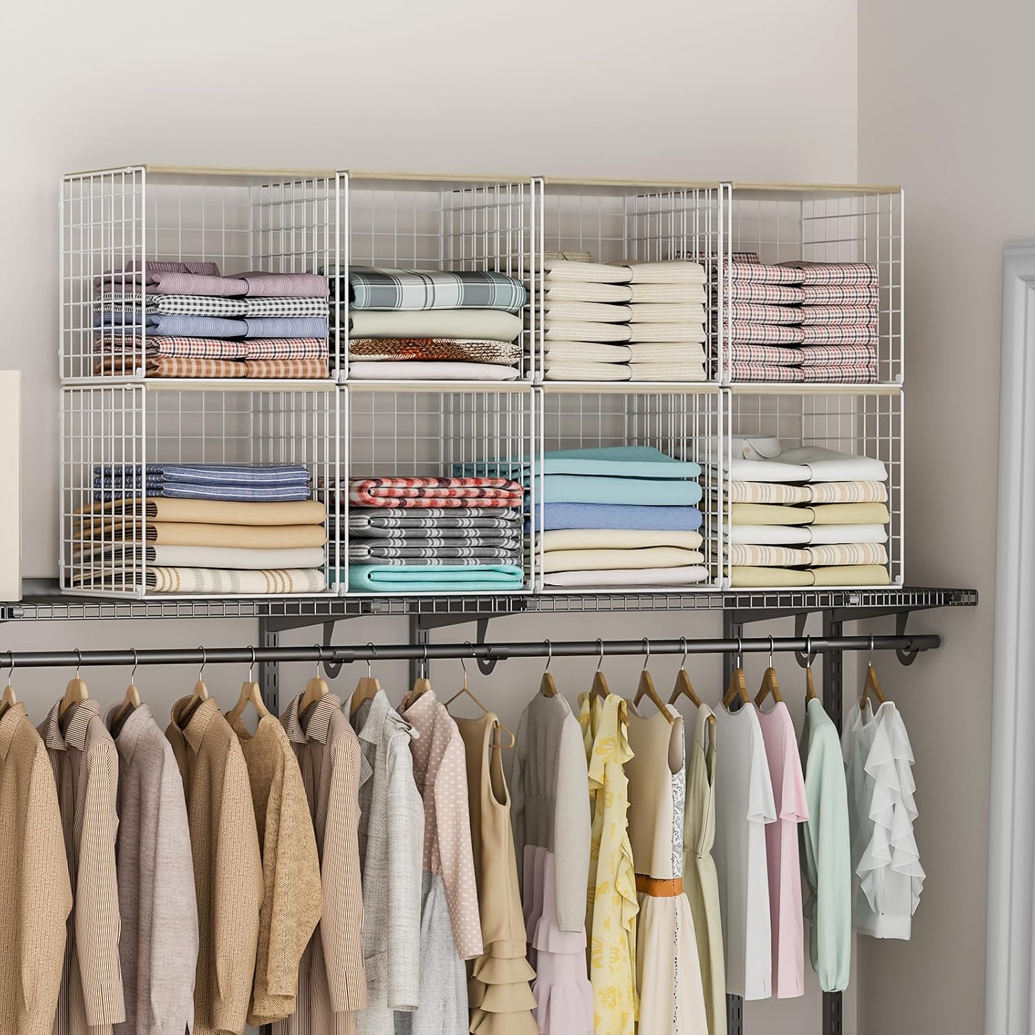 Skiennix Stackable Closet Organizers - Durable White Storage Bins with Wood Top for Wardrobe Organization