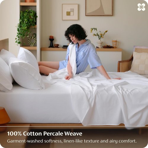 Bedsure 100% Washed Cotton Percale Sheets - Soft & Breathable 6-Piece Queen Set with 18" Deep Pockets (White)
