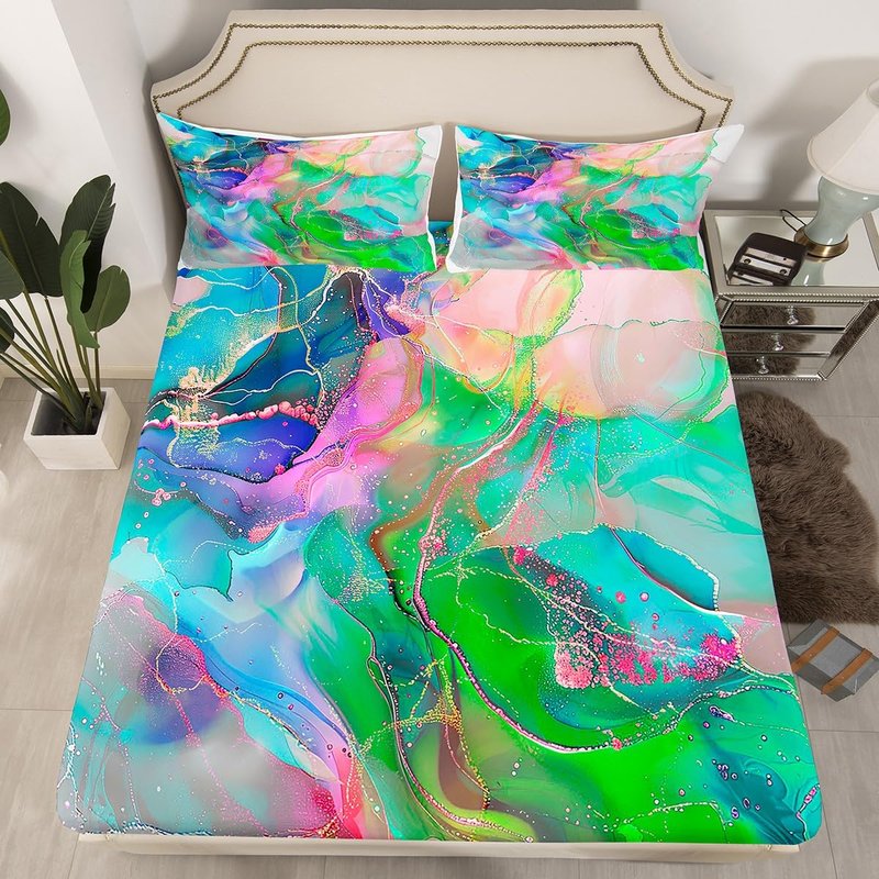 Erosebridal Teal Pink Green Bed Sheets Set Modern Marble King Sheet Set, Gold Metallic Sheets Chic Foil Print Bed Set, Abstract Mountain Fluid Flat Sheet Kids Home Decor