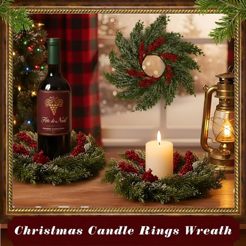 Cinnvoice Christmas Candle Rings - 8 Pcs Artificial Garland with Red Berries for Table Decor | Cypress