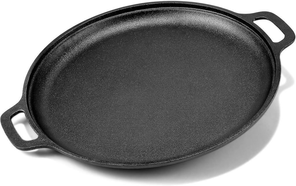Skiennix Cast Iron Pizza Pan - 13.8 Inch Round Comal for Even Heating | Heavy-Duty with Dual Handles