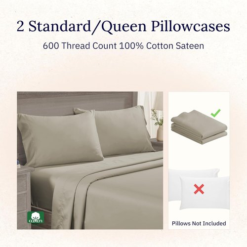 California Design Den Luxuriously Soft 600 Thread Count Cotton Pillow Cases - Set of 2, Queen Size (Taupe)