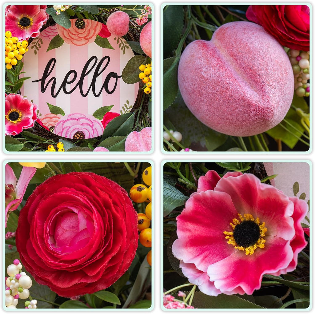 Spring Wreaths - 24 Inch Artificial Summer Wreath with Pink Roses, Cherry Blossom & Berries | Hello Sign for Indoor/Outdoor Farmhouse Decor