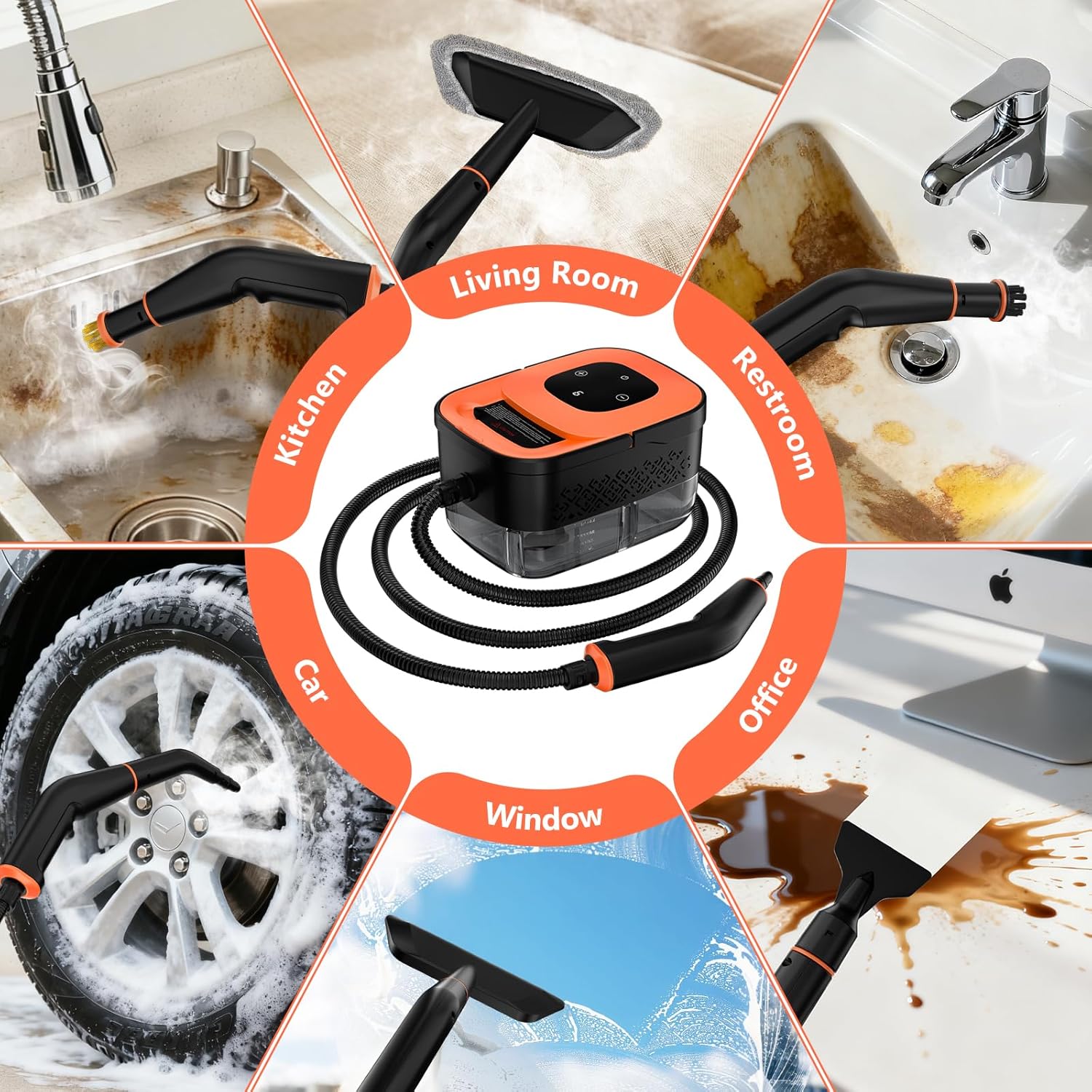 Skiennix Portable Steam Cleaner - Handheld Steamer with 16 Accessories, 6-Level Adjustable, 15s Heat-Up, Ideal for Home & Car Detailing - Orange