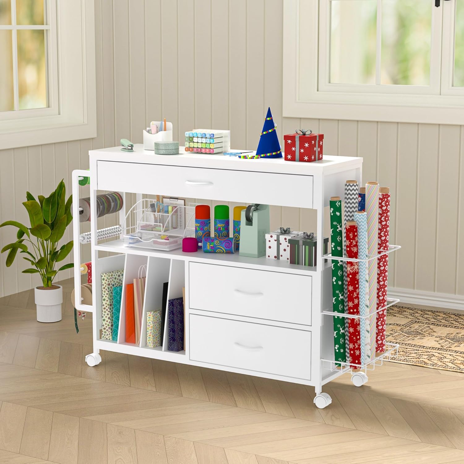 Regine Switzerland Wrapping Paper Organizer - Stylish Craft Cart with 3 Wooden Drawers | White