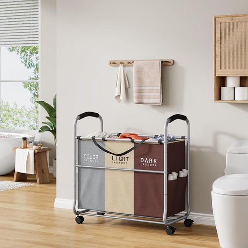 Tajsoon 3 Bag Laundry Cart, Laundry Hamper Sorter with Heavy Duty Lockable Wheels, Laundry Basket Organizer with Removable Bags, Laundry Separator Hamper for Clothes Storage, Gray+Beige+Red