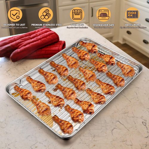 E-far Stainless Steel Baking Sheet Set - 20”x14” Cookie Pan with Cooling Rack | Dishwasher Safe