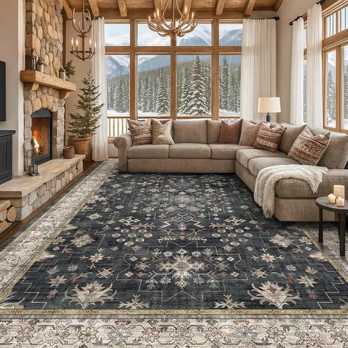 Boho Black Area Rug by [Brand Name] - Washable 10x12 Soft Low Pile Carpet for Living Room & Dining Room | Non-Slip & Stain Resistant
