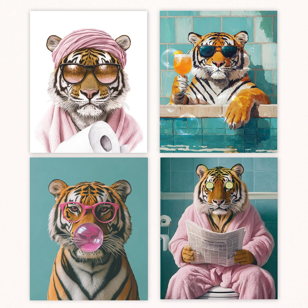 Poecinvi Pink Tiger Bathroom Wall Art Prints - Trendy Animal Decor Set of 4 | 8x10 Unframed