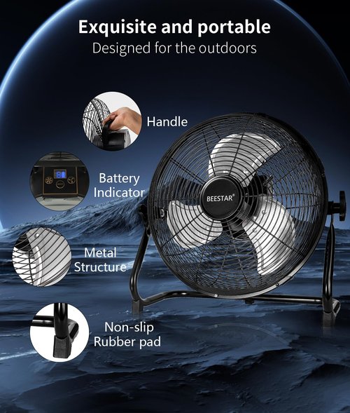 BEESTAR Rechargeable Floor Fan, 12-Speed Battery Operated, 15600mAh, 48-Hour Runtime, 360° Tilt, Metal Blade (12 INCH)