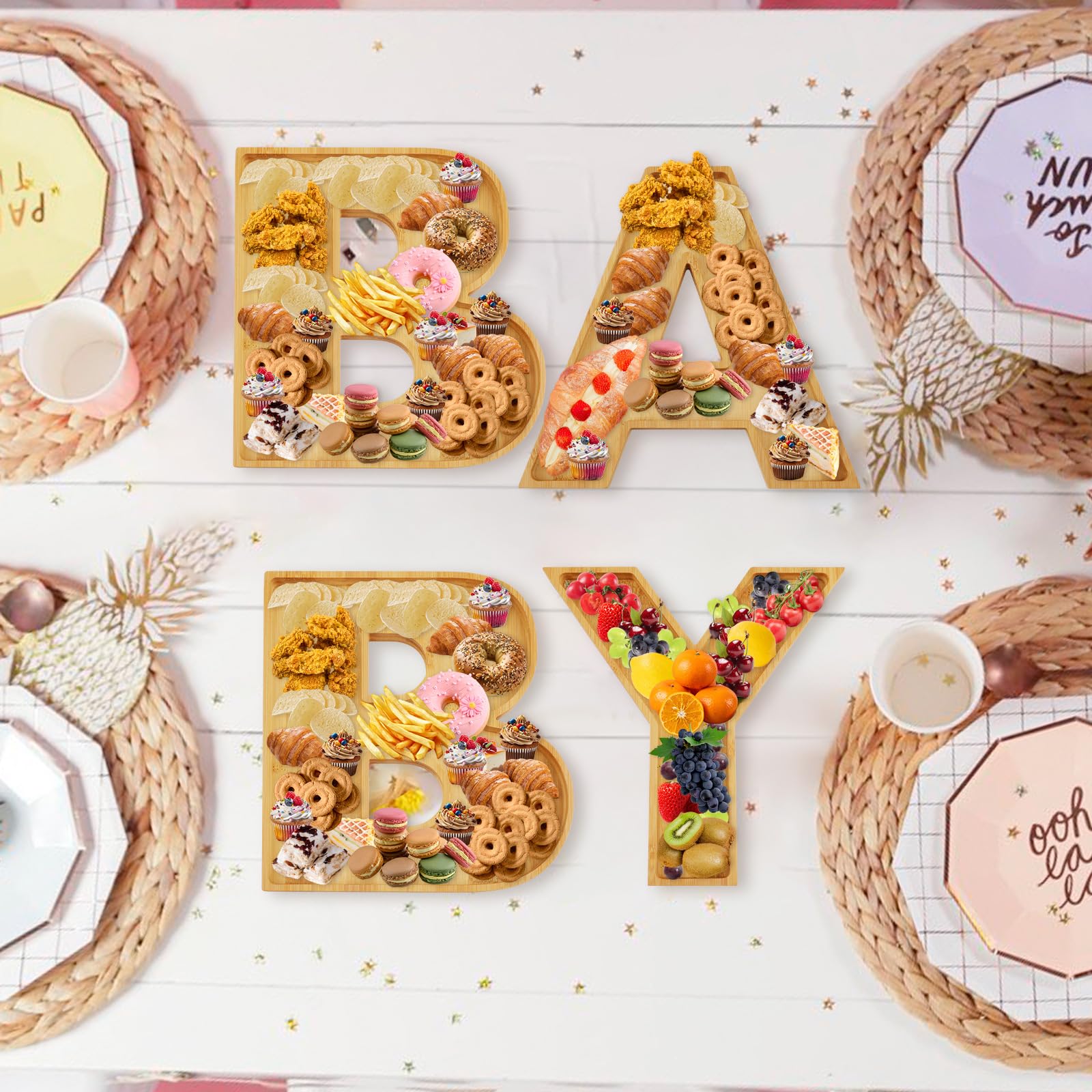 4pcs Baby Wooden Letter Charcuterie Board Box, Fillable Food Trays Candy Cupcake Container Fruit Platter for Birthday Baby Shower Party Graduation Gift Anniversary Banquet New Year