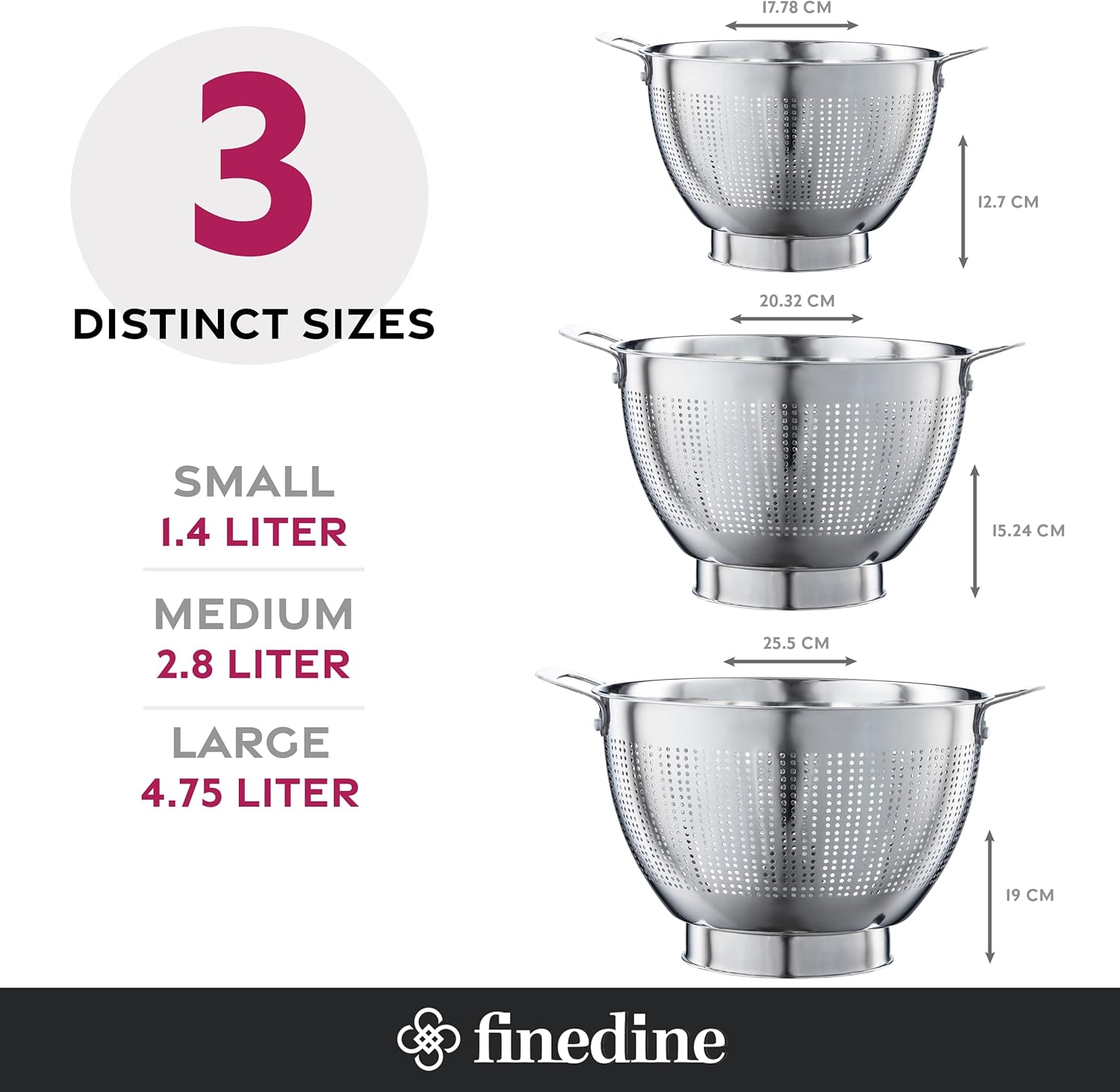 YH-Goods Stainless Steel Colander Set - 3-Piece Stackable Strainers for Pasta, Rice & Fruit | 5QT, 3QT, 1.5QT