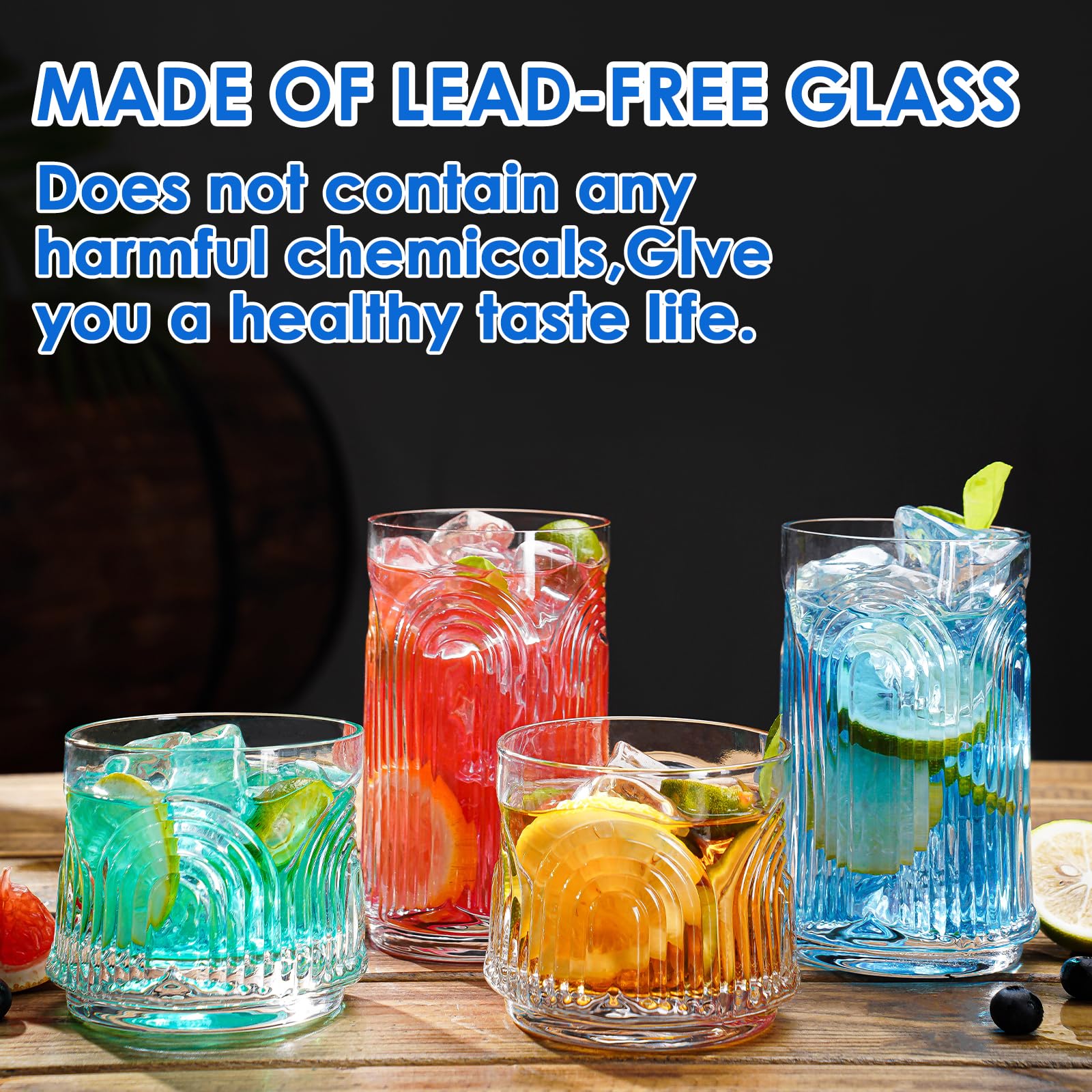 VasoArte Vintage Drinking Glasses, Art Deco Glassware, Set of 8 Hand-Made Glass Cups-17oz Highball Glasses & 10oz Cocktail Glasses, Ribbed Glassware, Bar Tumbler Set, Kitchen Glass ware