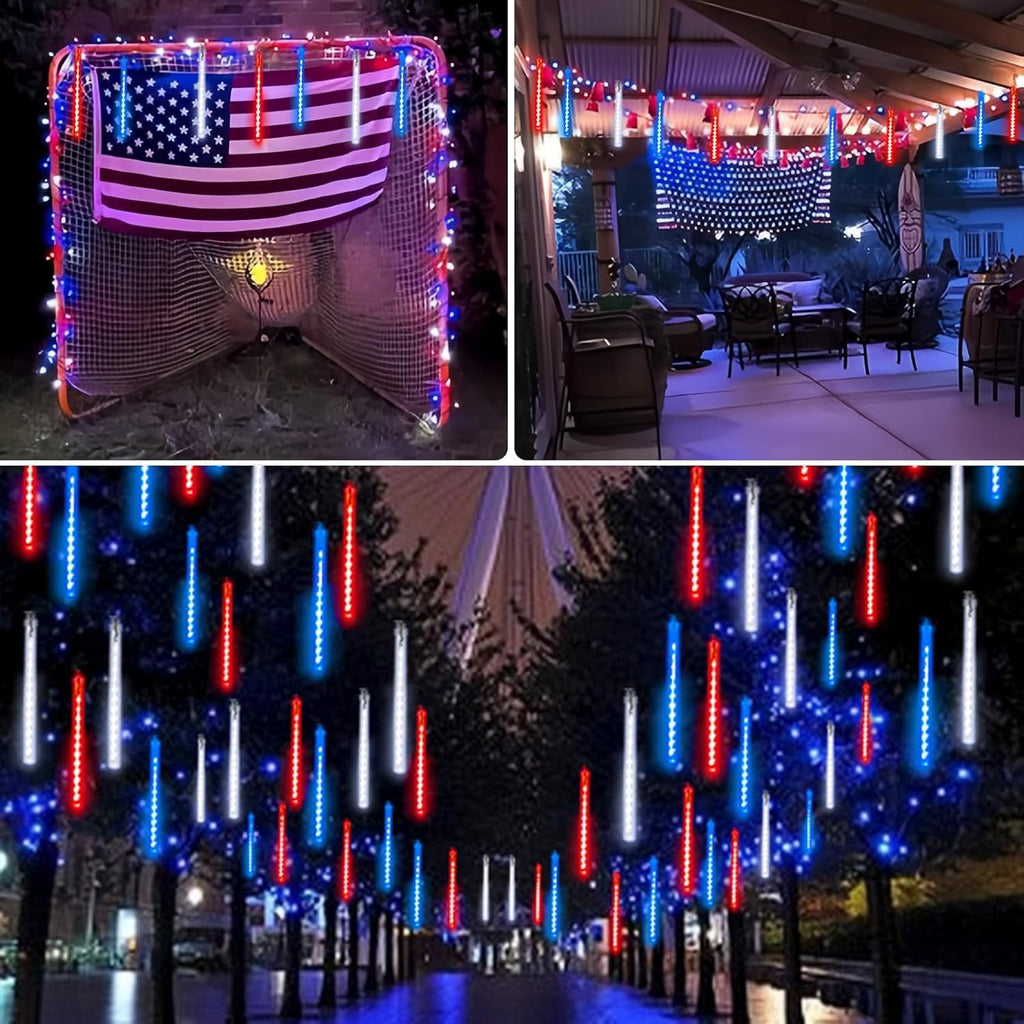 Skiennix 4th of July Decorations - USA 250th Anniversary Solar Meteor Shower Lights | 18 Tubes, 432 LEDs, Waterproof