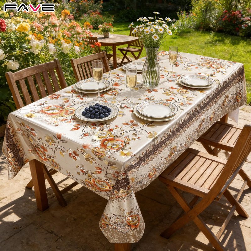FAVE Peony Gold Tablecloths Vinyl Tablecloth for Kitchen Dining Table Wipeable PVC Tablecloth Cover for Rectangle Table for Wedding, Banquet, Birthday, Party, Restaurant Decorations（Gold,55”x87”）