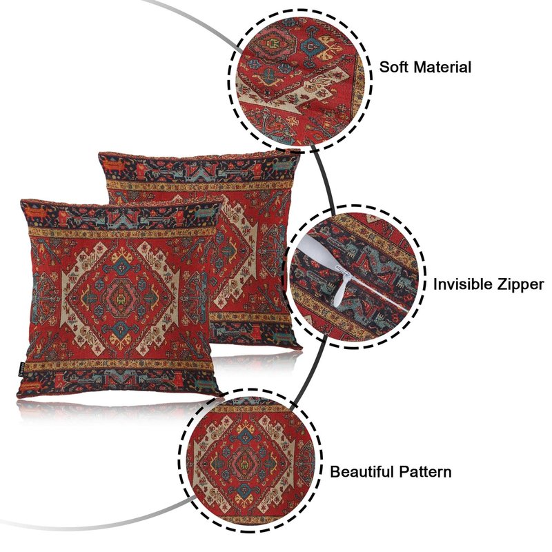 Swono Pillow Covers 18X18 Inch Set of 2 Turkish Carpet, Throw Pillow Cases Boho Tribal Geometric Paisley Floral Pillowcase Cushion Cover Decorative for Outdoor Home Sofa Bedroom Livingroom, Red