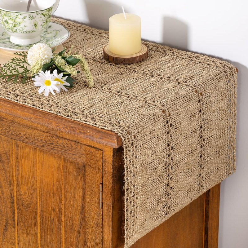 Socomi Boho Table Runner Summer Farmhouse Burlap Jute Bamboo Rustic Dining Kitchen Centerpiece Decor Long Macrame Woven Coffee Table Runner for Dresser Scarf Home Decor 12x108 inch