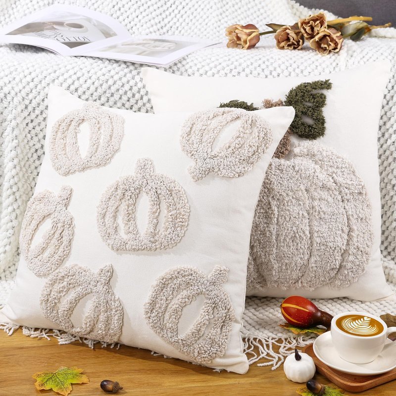 2 PCS Pumpkin Pillow Covers Fall Pillow Covers Autumn Halloween Thanksgiving 18x18 Inch Square Beige White Linen Embroidered Throw Pillow Cases Soft Decor for Sofa Bed Couch Living Room Farmhouse Home