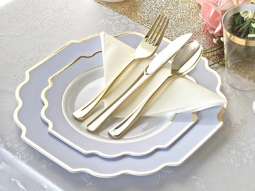 " OCCASIONS " 40 Plates Pack, Heavyweight Disposable Wedding Party Plastic Plates (10.5'' Dinner Plate, Imperial in White/Blue & Gold)