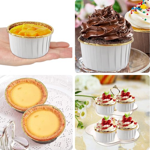 LNYZQUS 5.5 Oz Foil Cupcake Tins Baking Cups, Disposable Ramekins Muffin Tins, Large Cupcake Cups with Spoons-White in Gold