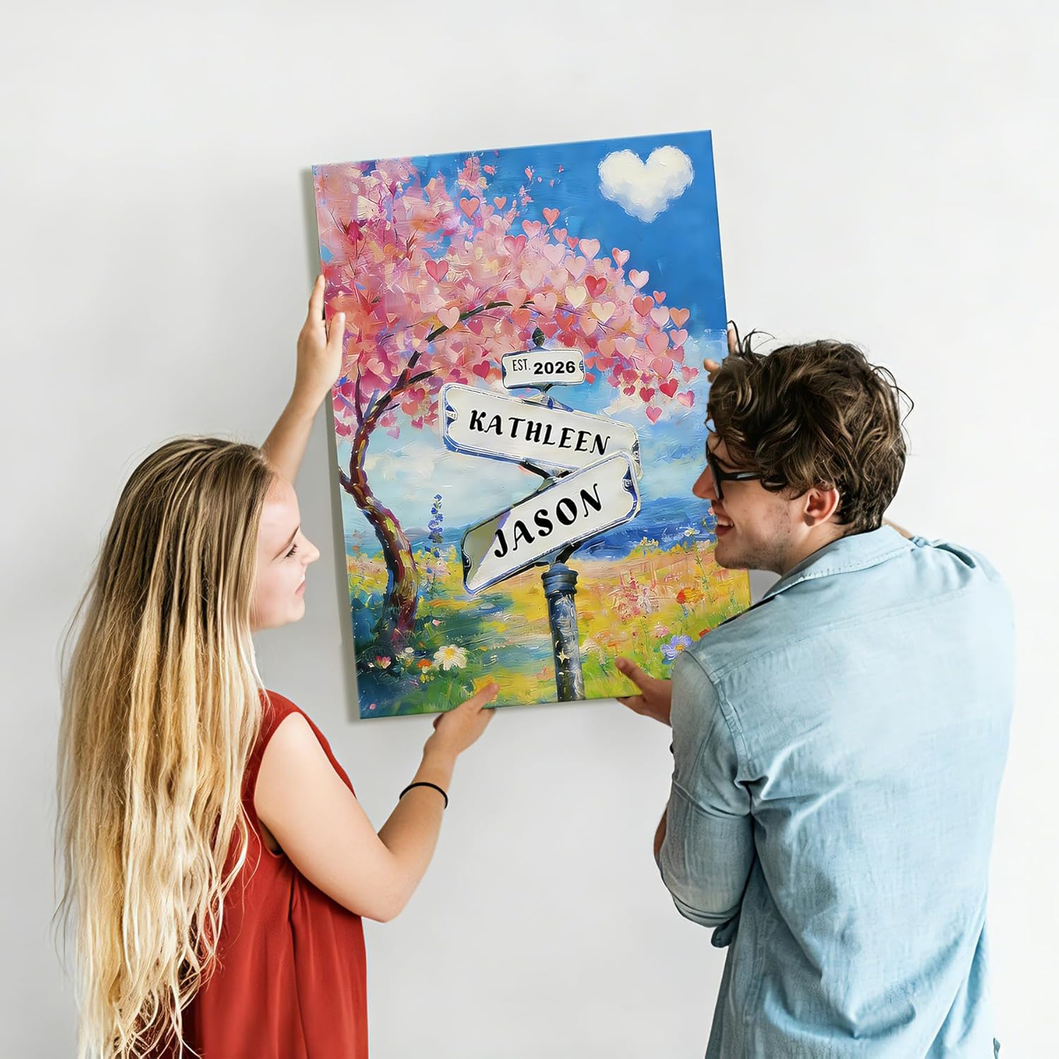 Personalized Crossroads Street Sign Canvas Print for Couples, Custom Name & Date Canvas Wall Art, Valentine’s Day Gift for Him/Her, Anniversary Wedding Custom Canvas Print, Wrapped Frame 12X16