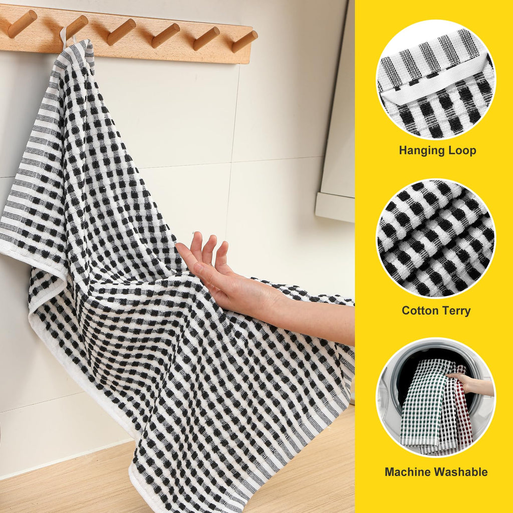 SALAS Cotton Dish Towels Cloths for Kitchen Drying Dishes, Lattice Terry Kitchen Towels, Absorbent Cloths with Hanging Loop, 16‘’ x 26‘’, 4 Packs, Wine Red and Black