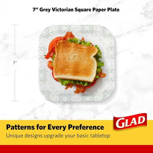 Glad Heavy Duty Paper Plates - Soak Proof & Cut Proof for Parties | 7 Inch, Grey Victorian Pattern, 50 Count