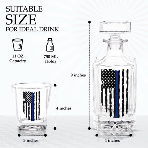 Rogue River Tactical Blue Line Tattered Flag Police Officer Whiskey Decanter Gift Set With 2 Glasses Custom Gift For Men Dad Father's Day PD Police Officer