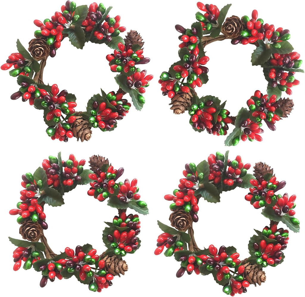 Skiennix Mini Christmas Candle Rings - Red Berry Pinecone Wreaths for Tea Lights | Perfect for Home Decor