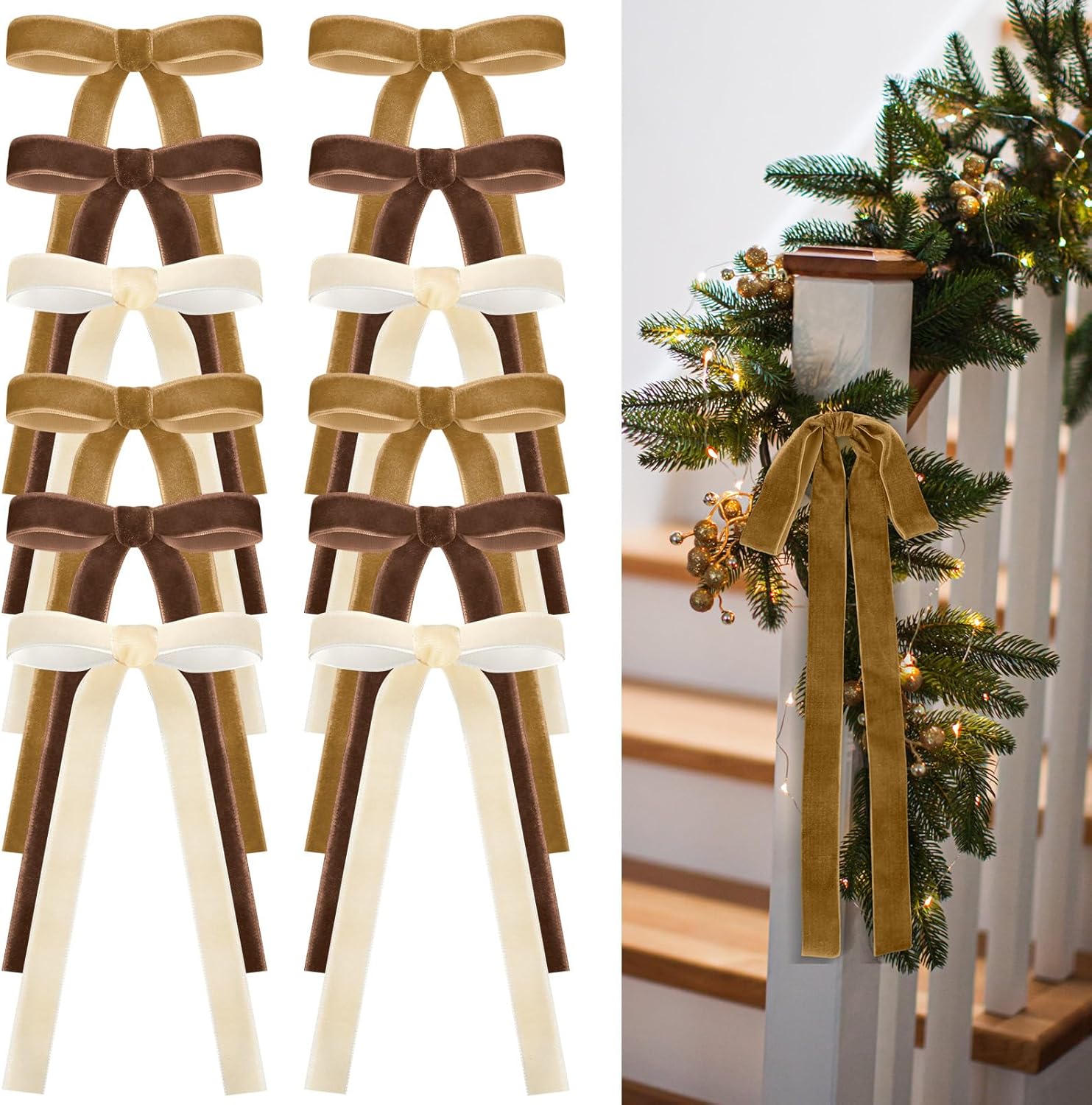 Skiennix 24 Pcs Velvet Bows - Vintage Ribbon Bows for Christmas Tree & Crafts | 9 x 13 Inch, Brown, Khaki, Beige
