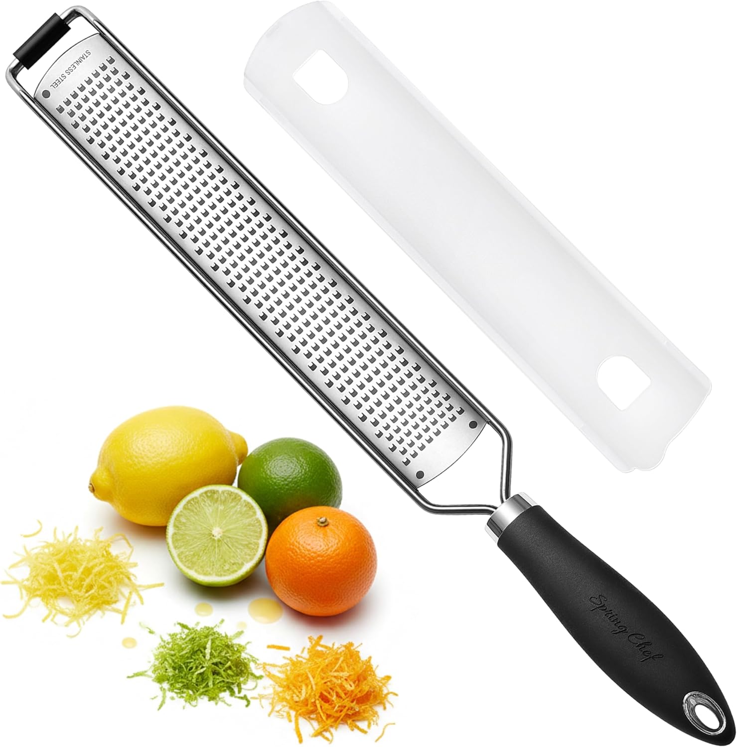 Spring Chef Stainless Steel Lemon Zester Grater - Heavy Duty Citrus Tool with Handle | Fine Shred, Black