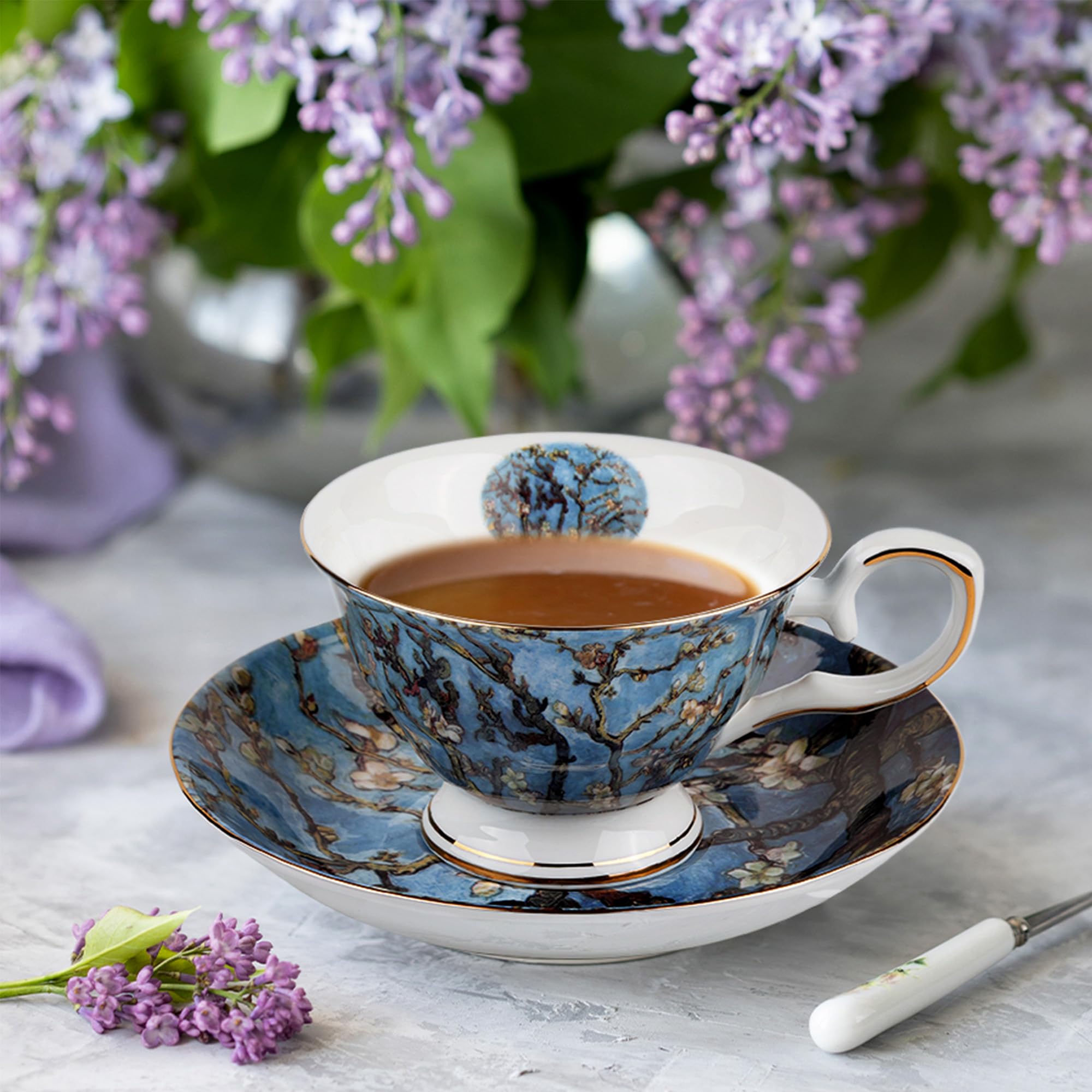 AOTELIDA Floral Tea Cups Saucers Set of 2, Bone China 7 oz British Teacups Porcelain Coffee Cup for Rose Tea Cappuccino Espresso Latte (Apricot & Peach Blossom)