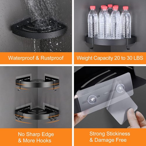 DUFU Adhesive Corner Shower Caddy - No Drill Rust-Proof Aluminum Organizer | 2-Pack Black