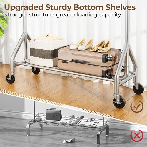 HYSEYY Heavy Duty Clothes Rack - 450 LBS Capacity Metal Garment Rack with Wheels & Shelves | Portable Silver Wardrobe