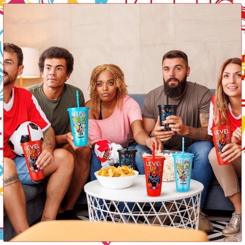XLSXEXCL 12 Pcs Gamer Party Cups with Lids and Straws Video Game Tumbler 24 oz Plastic Drinking Cups for Gaming Party Favors
