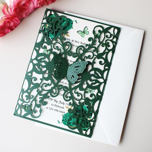 KUCHYNEE 50PCS Emerald Green Laser Cut Quinceanera Invitations kit, 5.1 x7.3 Inch Hollow Floral Butterfly Pocket Invitation for Quincenera Wedding Invite (Blank)