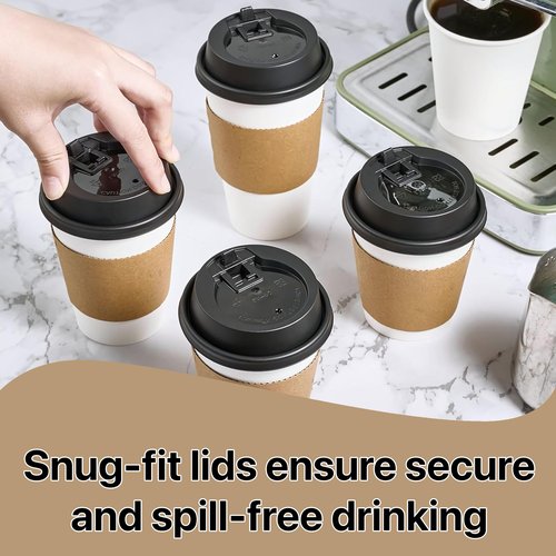 Pokanic Paper White Cups [12 oz] with Lids and Sleeves x [25 Set] Disposable Hot Cold Coffee Water Beverage Drinking for School Office Home Kitchen Cafe Restaurant (25 Pack, 12 oz)