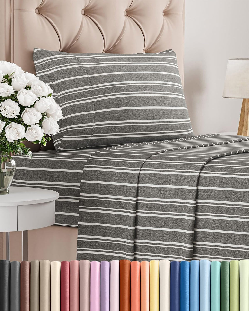Skiennix Twin Size 3-Piece Sheet Set - Comfy Cooling Bed Sheets with Deep Pockets - Grey Stripes