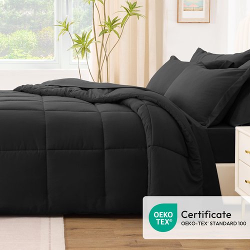 Love's cabin California King Comforter Set Ash Black, 7 Pieces California King Bed in a Bag, All Season Bedding Sets with 1 Comforter, 1 Flat Sheet, 1 Fitted Sheet, 2 Pillowcase and 2 Pillow Sham
