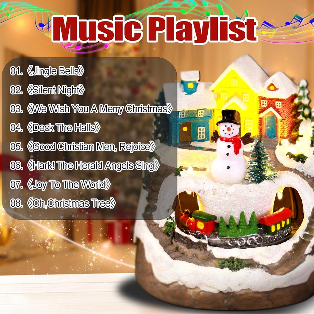 Musical Resin Snowman Figurines | Christmas Village Decor with Spinning Train & LED Lights - Holiday Centerpiece