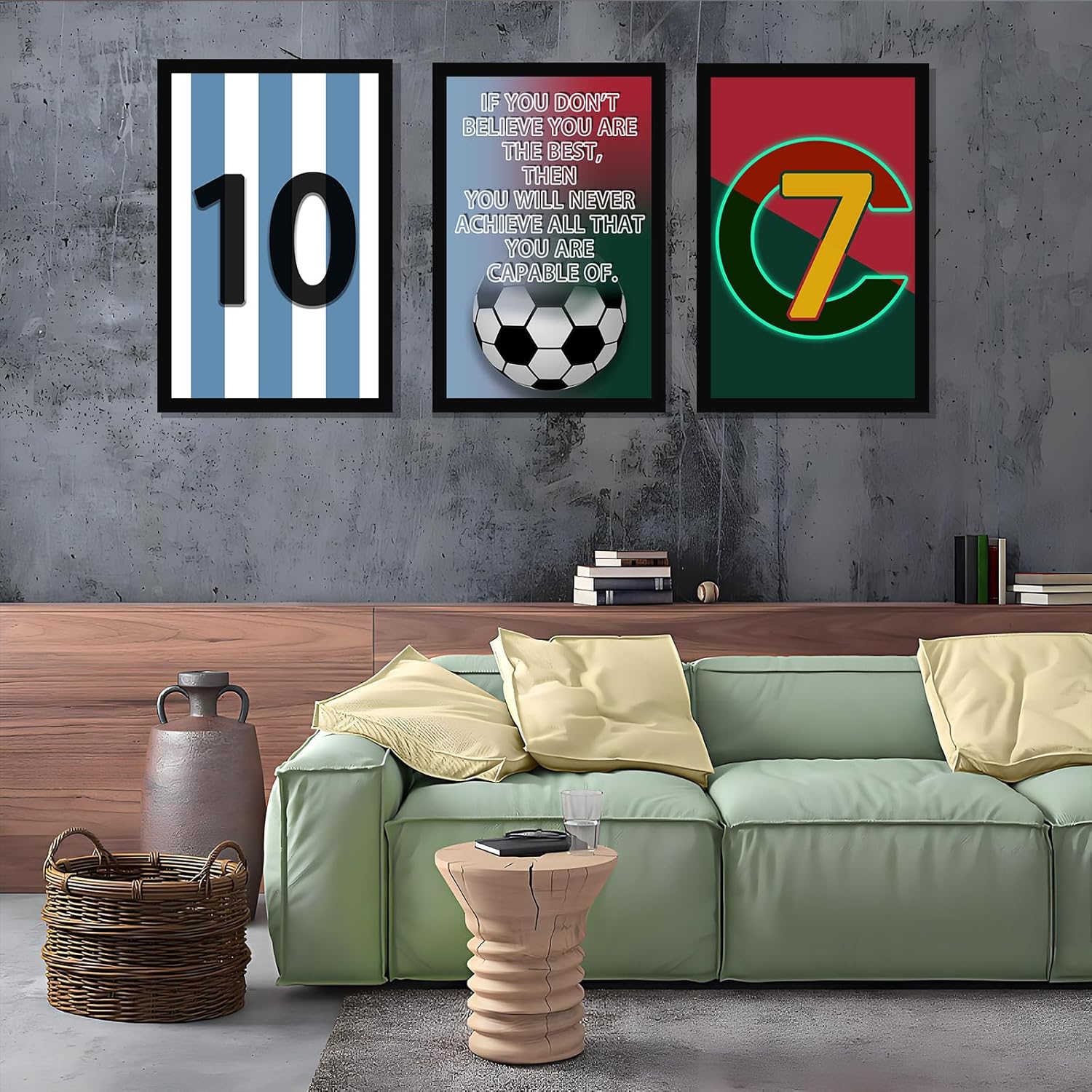Pormipone Football Wall Art Decor - 3 Pcs Soccer Canvas Paintings for Boys' Room | 12x18 in