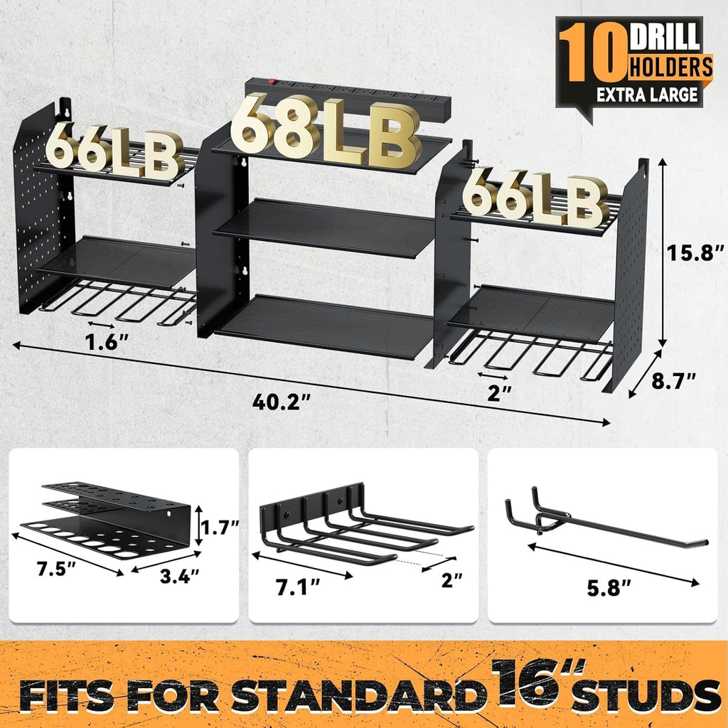 Upgrade Large Power Tool Organizer - Wall Mount with Charging Station & 10 Drill Holders | Garage Storage Rack