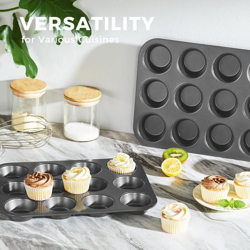 HONGBAKE Nonstick Muffin Pan - 12-Cup Baking Tray Set, Dishwasher Safe, Dark Grey Finish