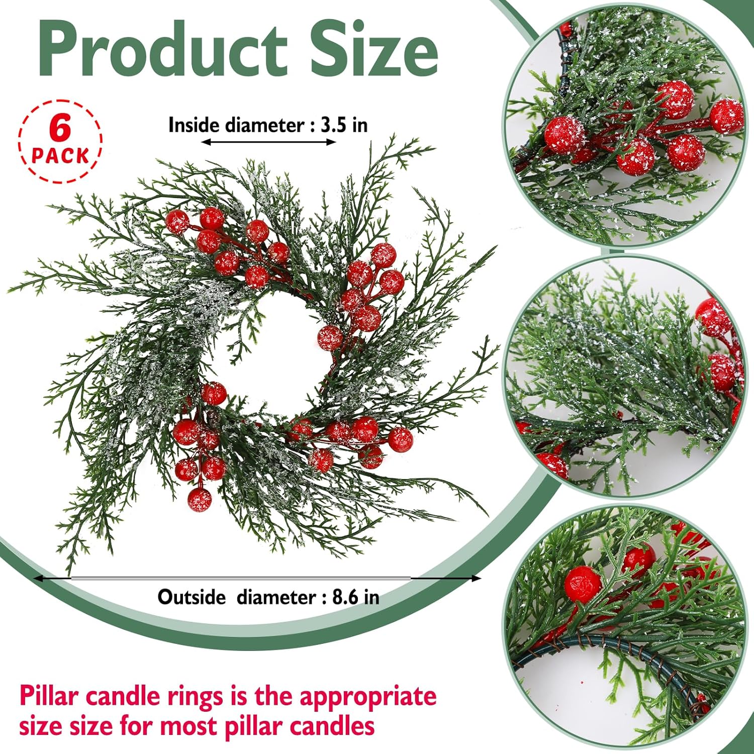 Regine Switzerland Christmas Candle Rings - Set of 6 Artificial Wreaths with Red Berries & Snowy Pine for Festive Table Centerpieces