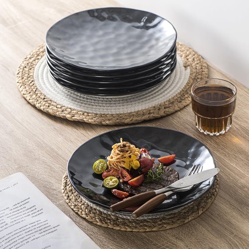 vicrays Ceramic Dinner Plates Set, 10 Inch, Microwave, Oven, Dishwasher Safe, Round, Porcelain Fluted Suitable for Steak, Pasta, Pizza, Home, Restaurant - Set of 6 Black