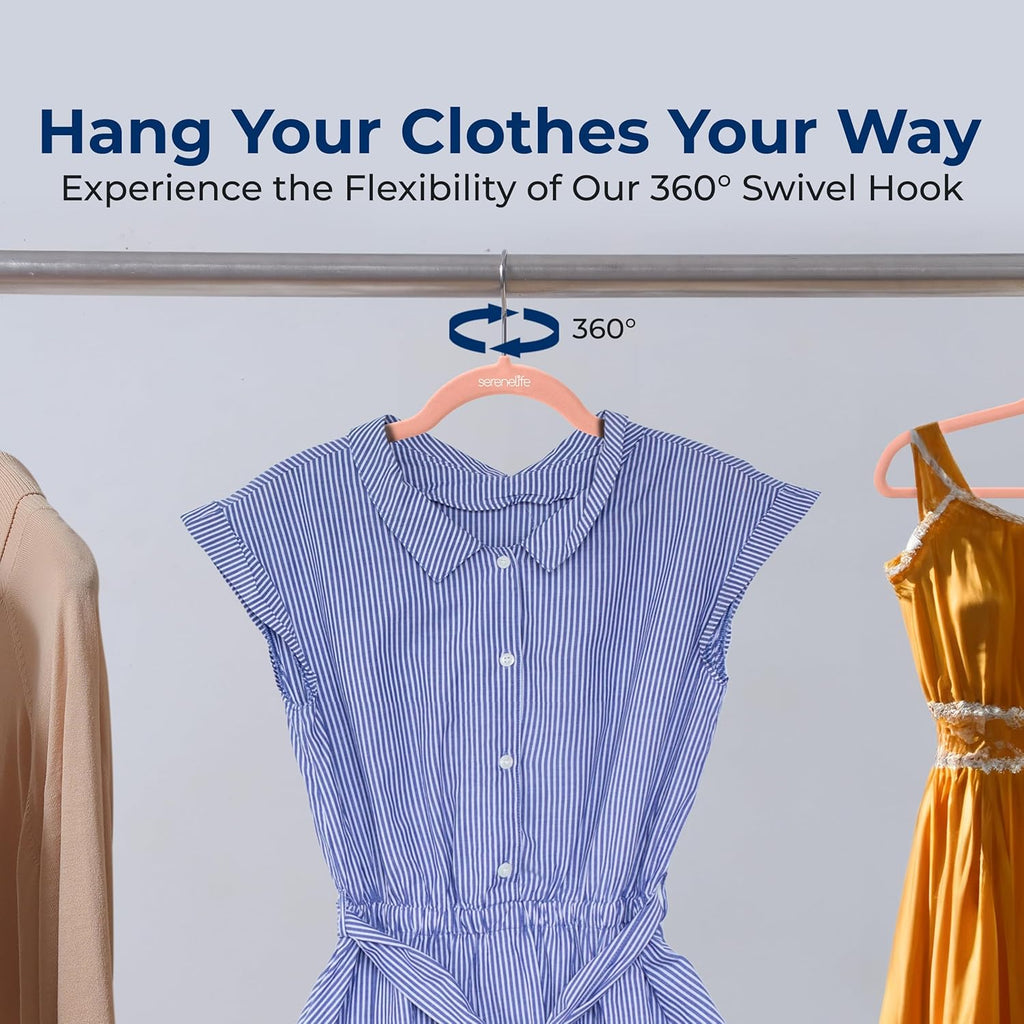 SereneLife Velvet Hangers - Non-Slip Felt Design with 360° Swivel Hook | Ultra-Thin & Space-Saving for Shirts, Sweaters & Dresses