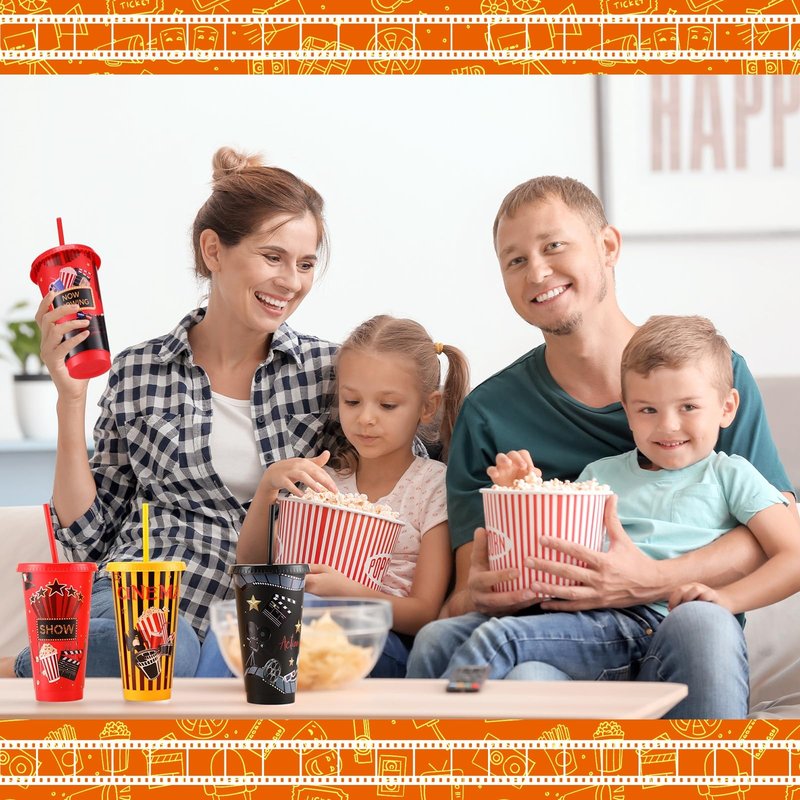 Sweetude 12 Pcs Movie Night Cups Movie Night Party Supplies Favors Movie 24oz Cups with Lid and Straw Disposable Plastic Cups for Movie Party Decorations Birthday Party Favors